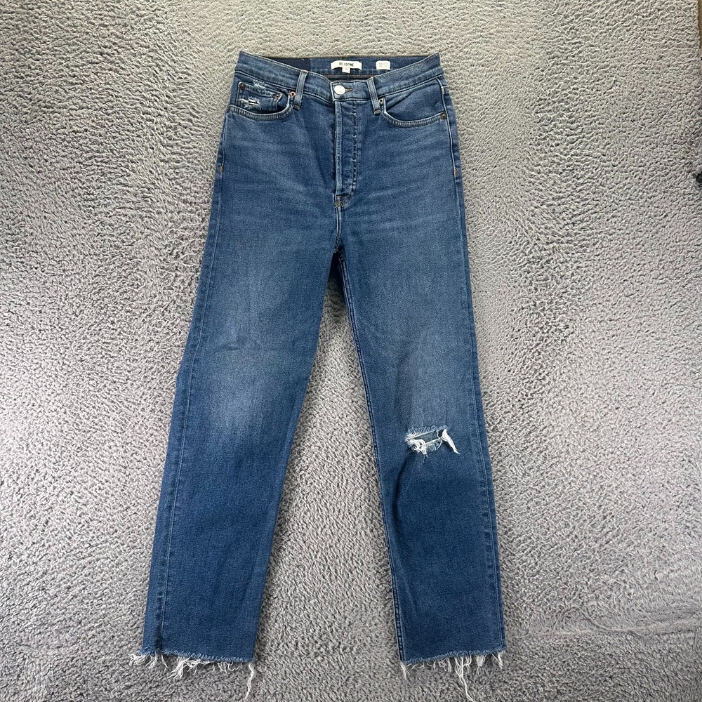 RE/Done Jeans Womens 28x27 Blue Cotton Denim Straight Raw-Hem Button-Fly Stretch